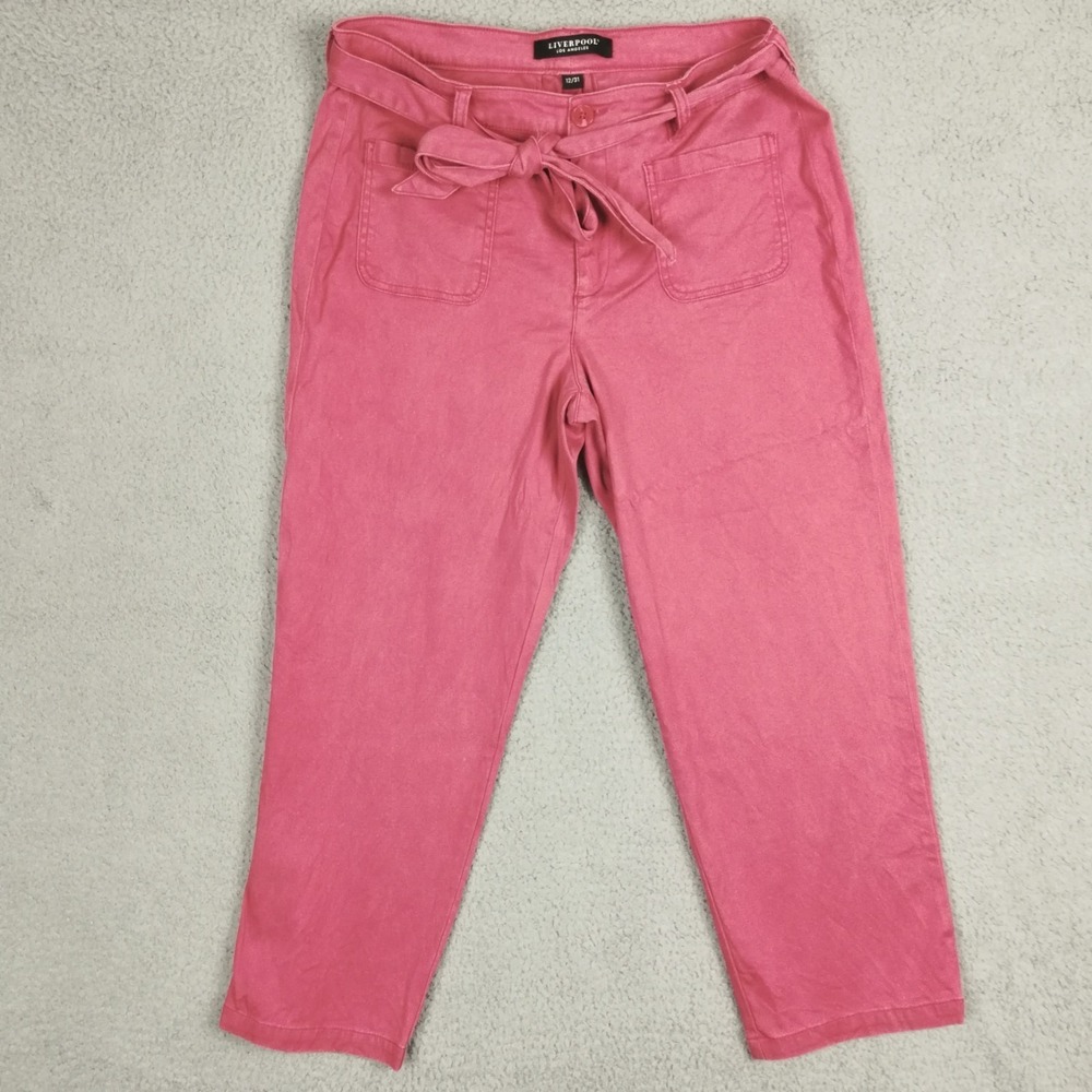 Liverpool Womens Pants Cropped Straight Leg Rosebud Pink Tie Waist Mid‎ Rise 12